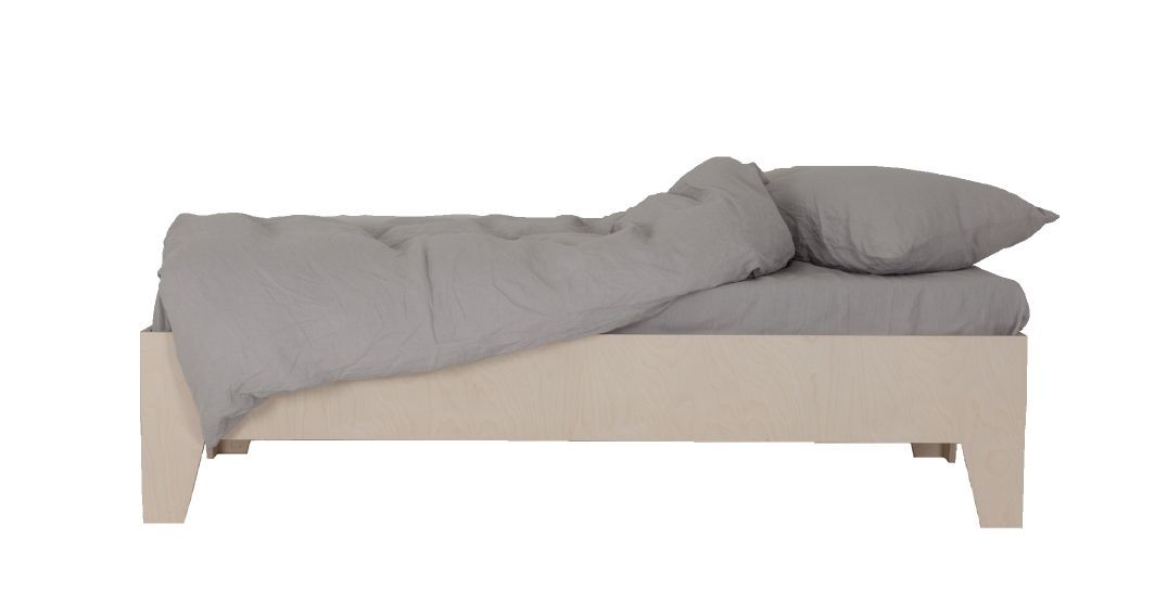 VALENTIN Bett mit hellgrauer Bettwäsche und Kissen, modernes Design für Schlafzimmer und erholsamen Schlaf.